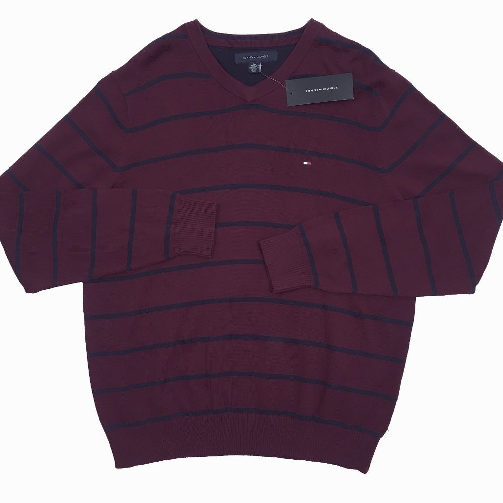 NEW Tommy Hilfiger Sweater! Maroon With Navy Stripes V Neck Tommy Flag on Chest